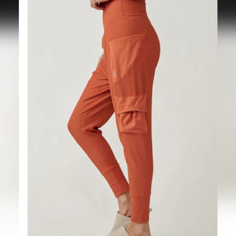 FP Size XS Take A Hike Harem Pants Orange With Cargo Pants Style Pockets Ribbed